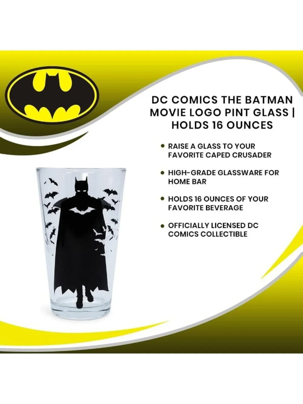 Batman Logo Pint Glass | 16oz Beer Mug for Home Bar, Pub Drinks & Gifts